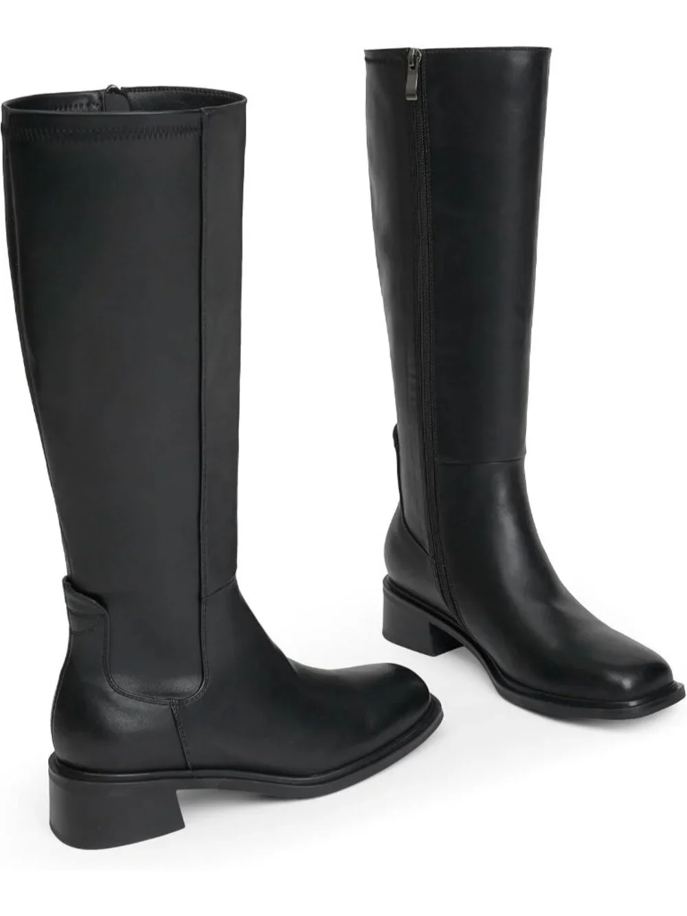 Women's Black Faux Leather Square Toe Knee High Stylish With Side Zipper Boots